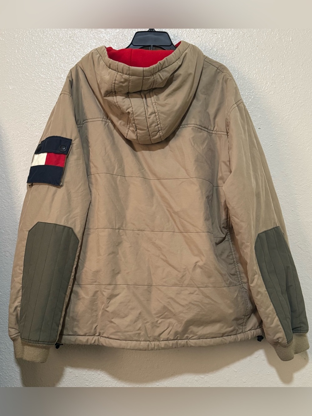 Vtg. Y2K Tommy Jeans Hilfiger M XXL Tan/Red Field Utility Fleece Lined Hood Coat